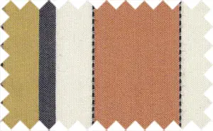 Gold/Chestnut orange/Off White Wide Stripes, Cotton/Polyester Blends - The Chestnut Rose/Harvest Gold/Black/Off White, 14 lines pattern repeat every 5 inches. The fabric is good for summer.